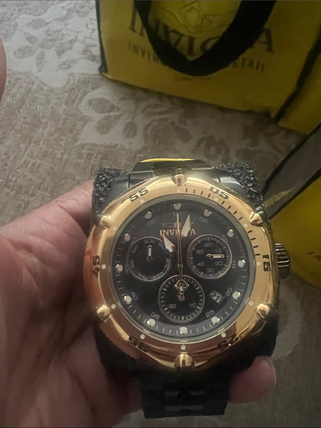 Invicta Black Dial GoldTone Bezel Chronograph Watch